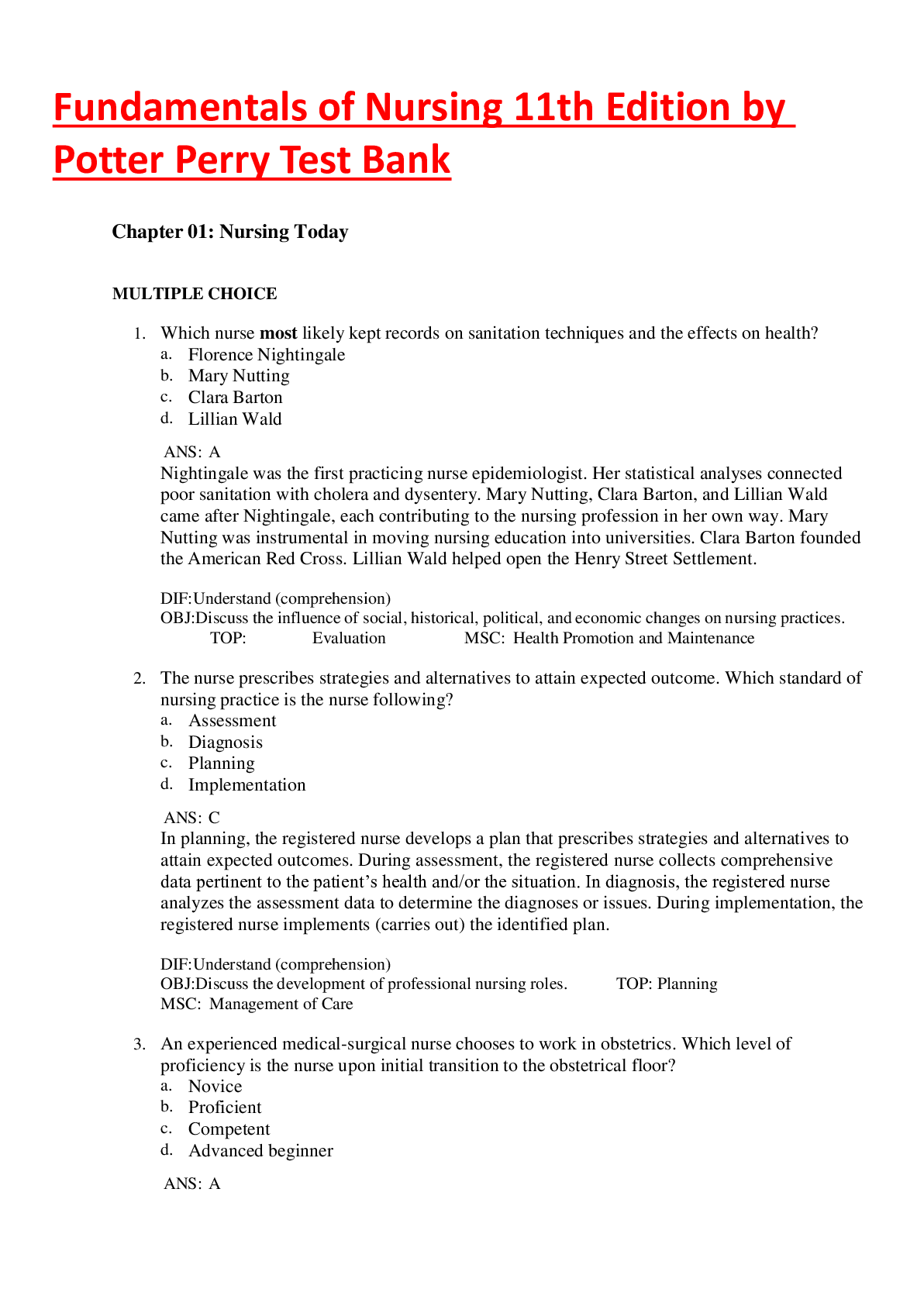 Preview image for Fundamentals of nursing 11th edition potter perry test bank 1